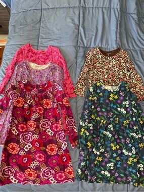 Lands End Girls' Size 6/7 Floral Long-Sleeve Dress - Pink, Purple, Navy